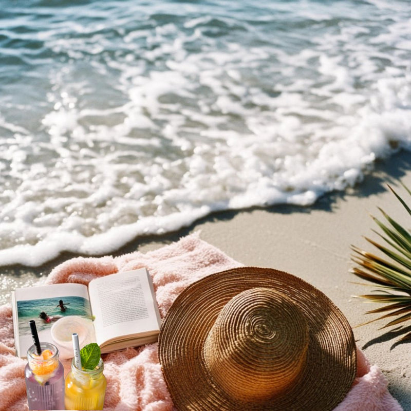 Woman on beach reading with a Blessed Straw reusable affirmation straw