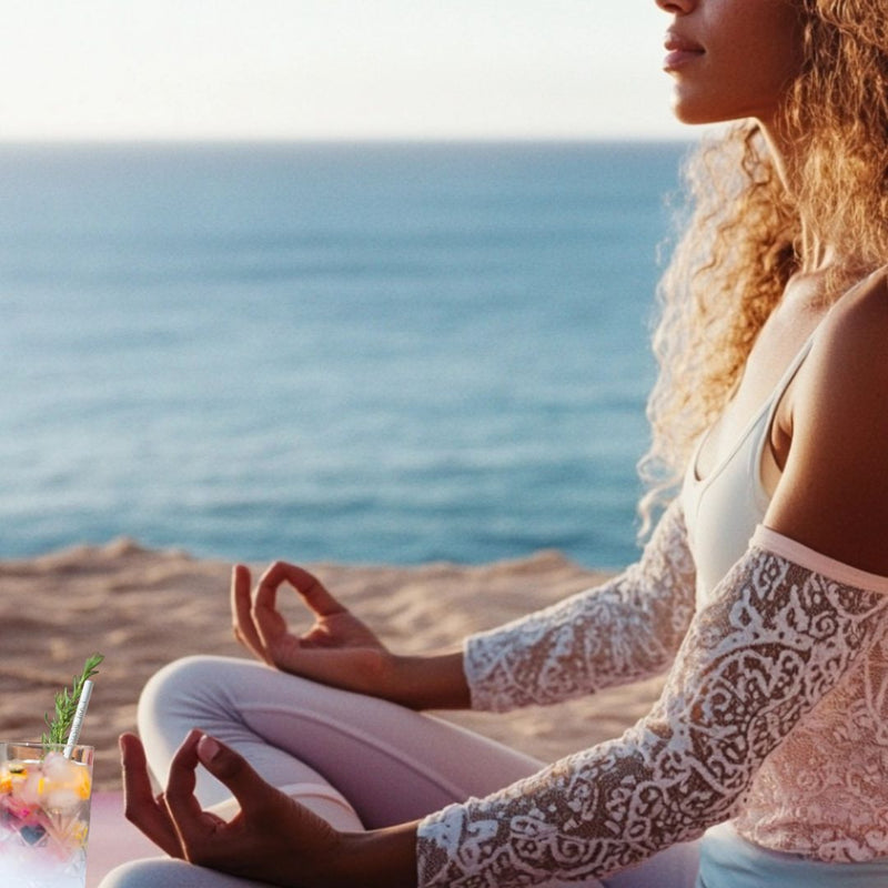 Woman meditating beside a drink with a Blessed Straw reusable affirmation straw